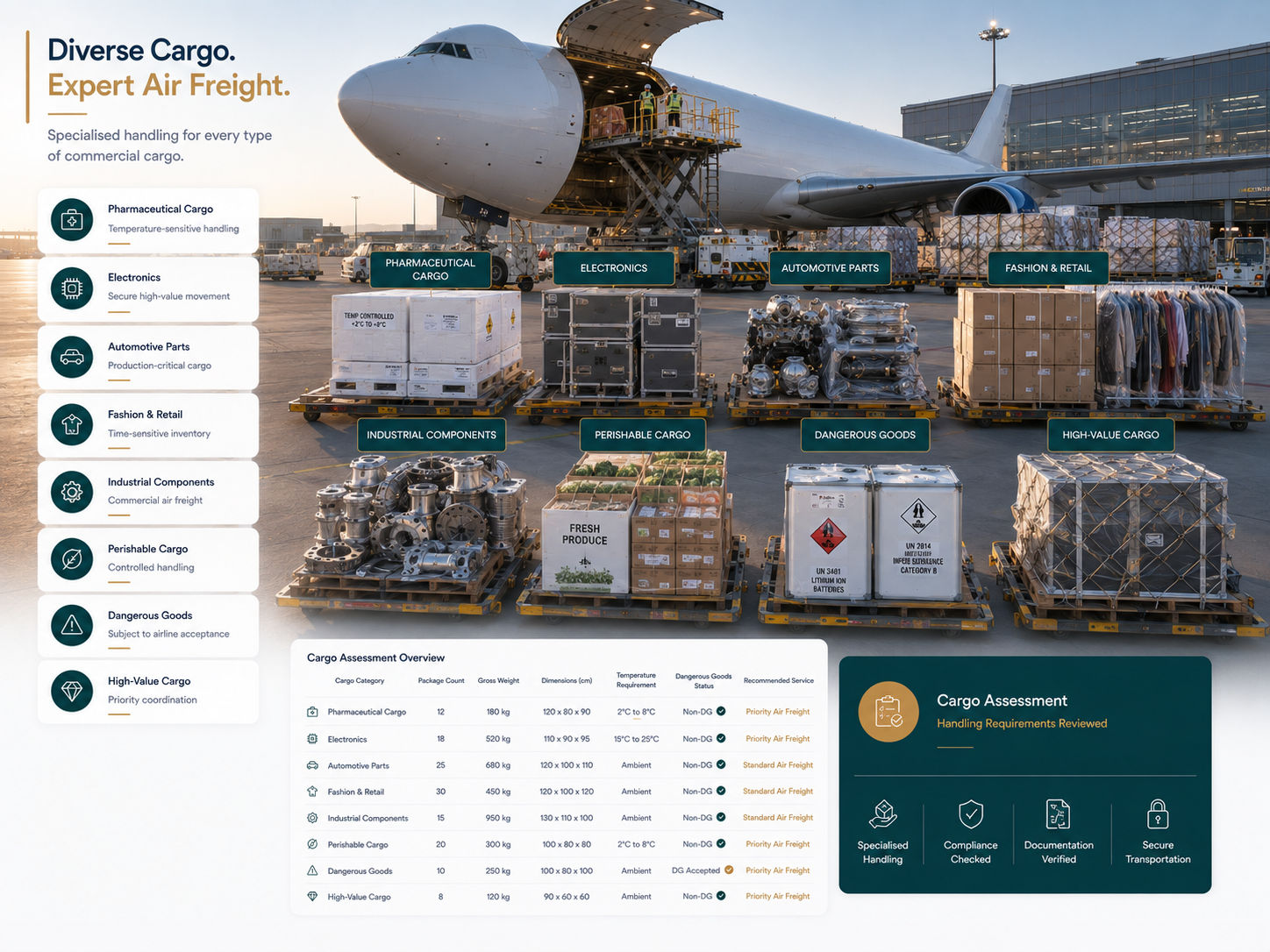 International air cargo supported by MultiTransitEdge including pharmaceuticals, electronics, automotive parts, fashion products, industrial components, perishables, dangerous goods and high-value cargo