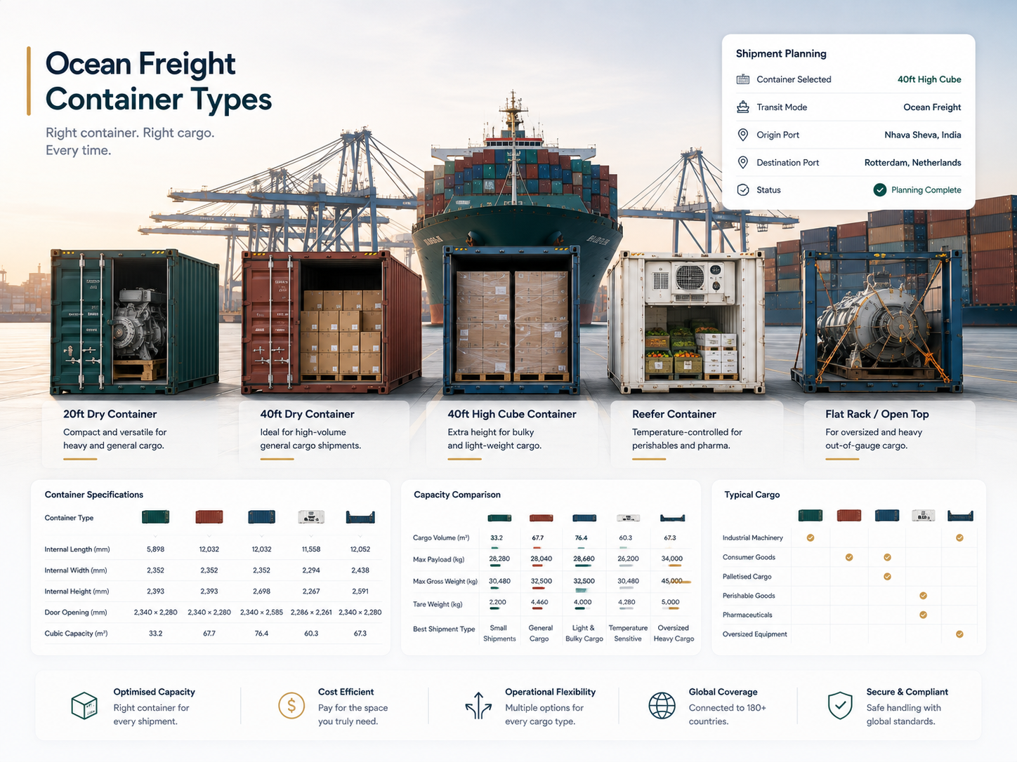 Comparison of ocean freight container types including 20ft container, 40ft container, high cube container, reefer container and flat rack container.