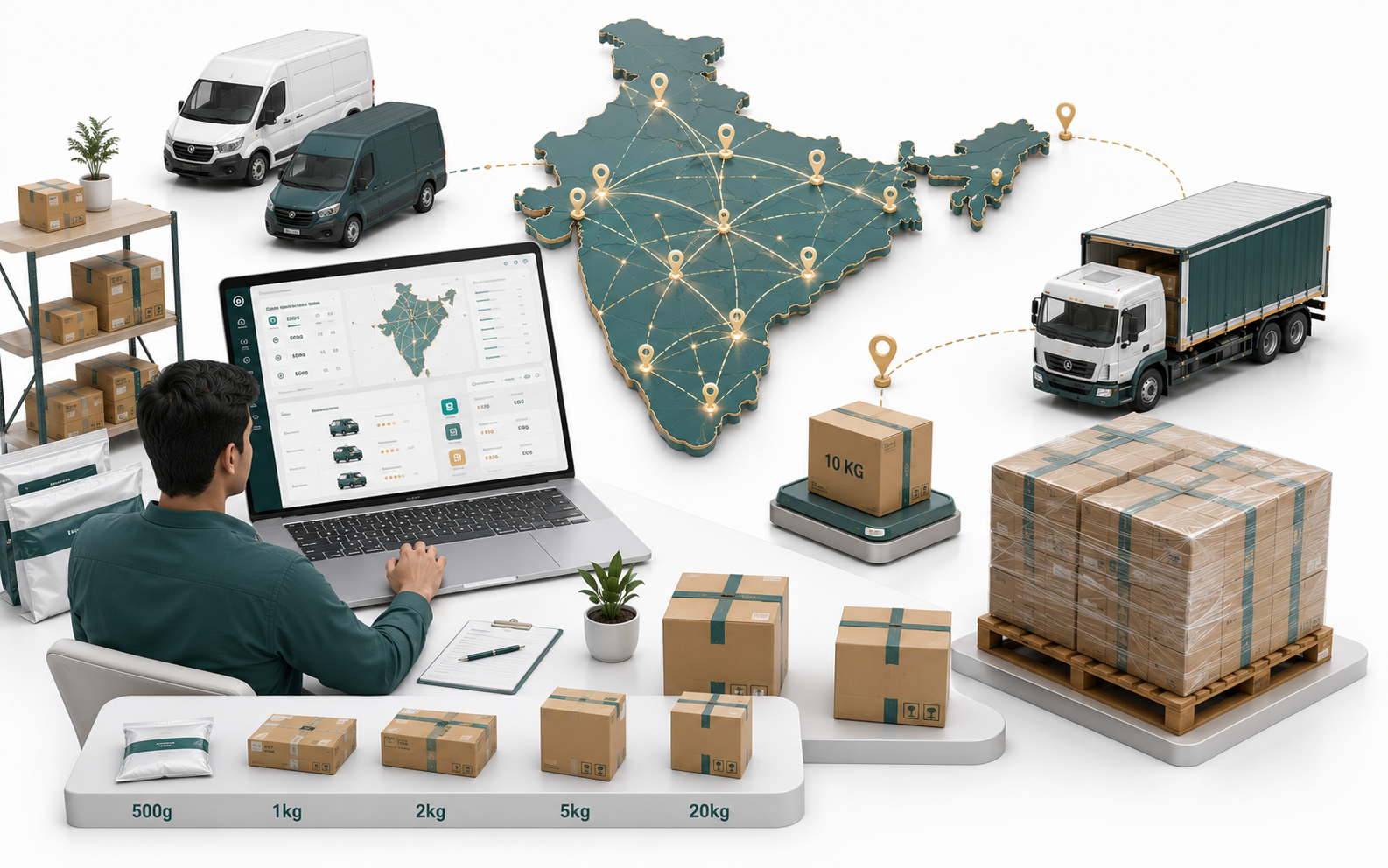 Courier and PTL partner network for 500 gram parcels, 10 kilogram shipments and cargo delivery across India