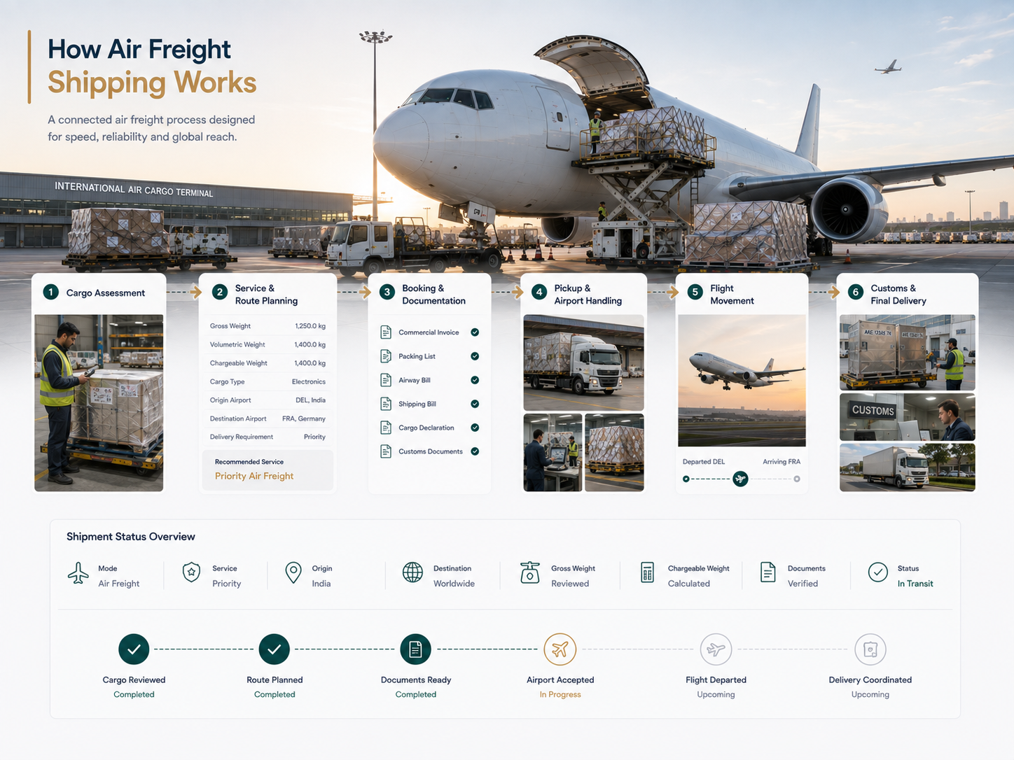 International air freight process showing cargo assessment, route planning, documentation, airport handling, flight movement, customs clearance and final delivery