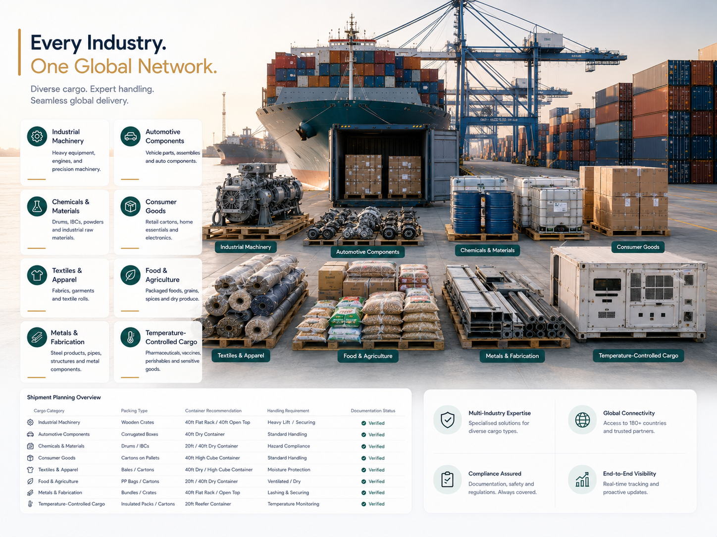 Ocean freight cargo supported by MultiTransitEdge including machinery, automotive components, chemicals, consumer goods, textiles, food products and industrial materials