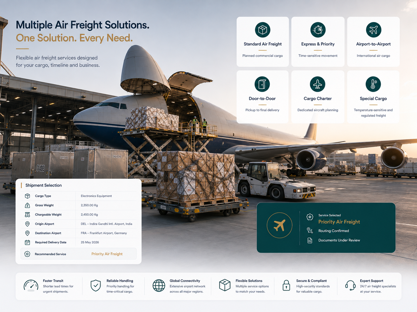 International air freight solutions including standard cargo, express freight, airport-to-airport shipping, door-to-door delivery, cargo charter and specialised air cargo