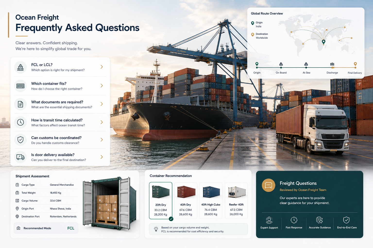 Ocean freight advisory support for FCL, LCL, containers, transit time, shipping documents, customs clearance and international cargo planning