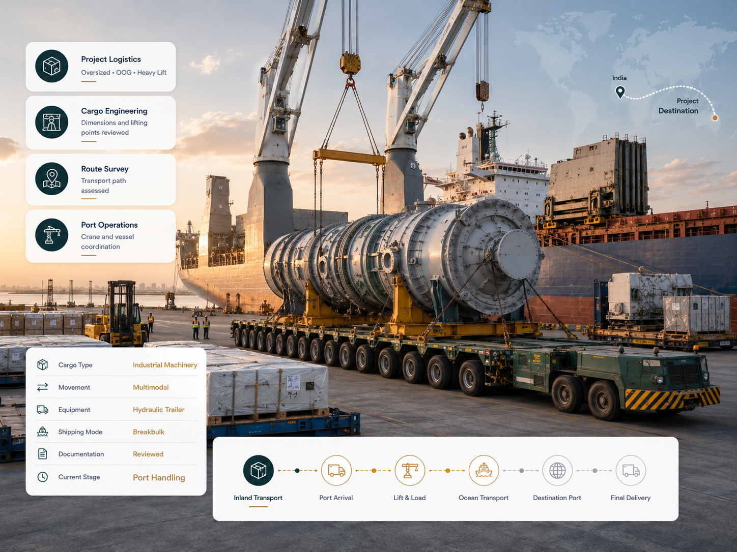 Project logistics and heavy lift cargo movement showing oversized machinery, OOG freight, specialised transport, port cranes and breakbulk shipping by MultiTransitEdge