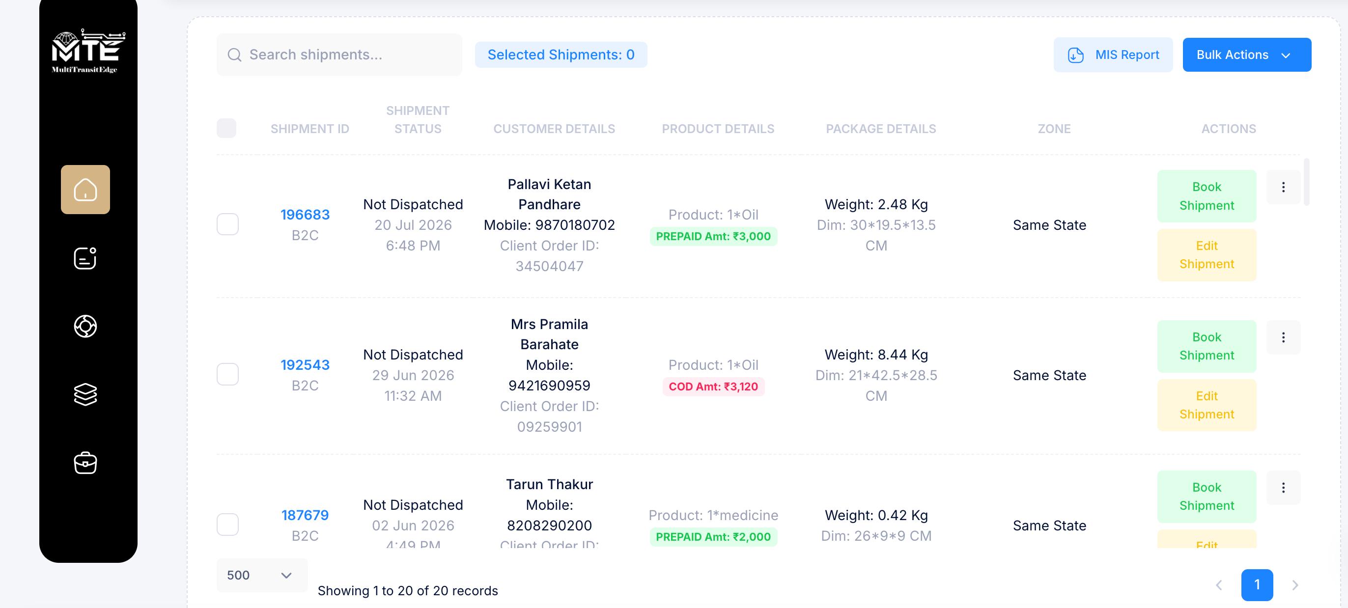 MultiTransitEdge dashboard for creating B2C and B2B shipments with customer, product and package details