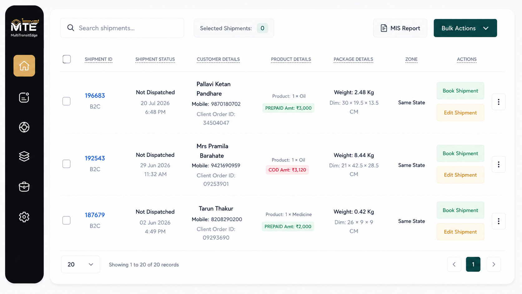 MultiTransitEdge shipping dashboard showing shipment management, customer details, package information and booking actions