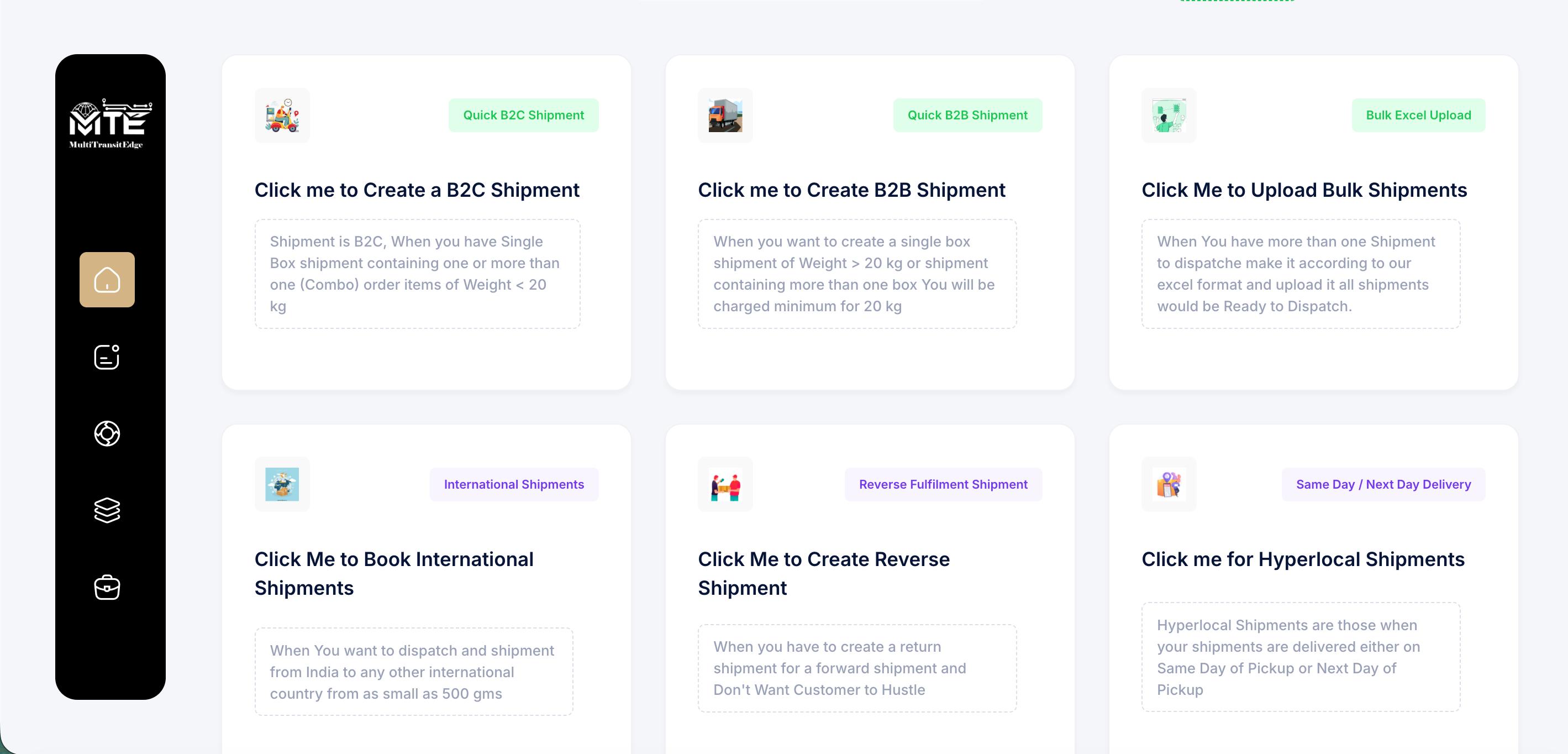 MultiTransitEdge shipping dashboard showing B2C, B2B, international, reverse, hyperlocal and bulk shipment modules