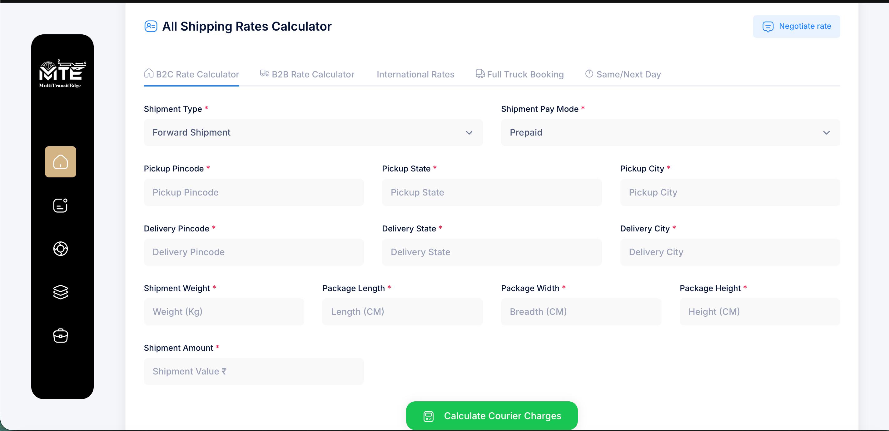 MultiTransitEdge shipping rate calculator showing courier service charges, delivery speed and available shipping options